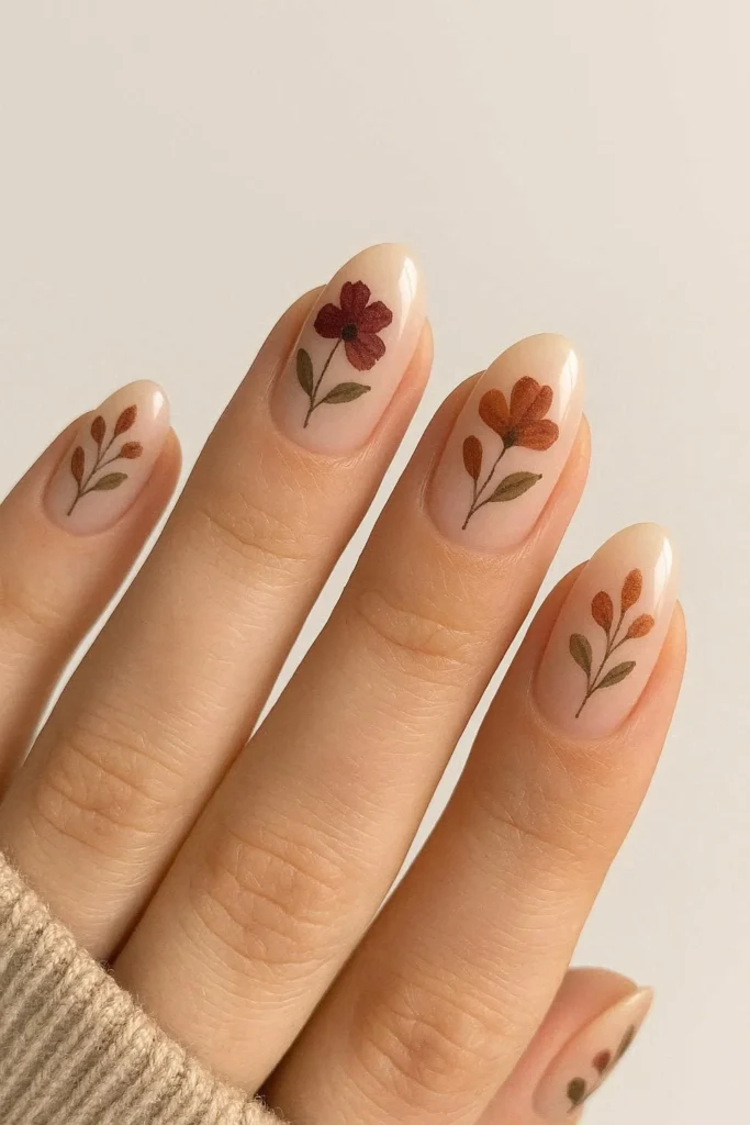 Muted earthy floral nail art in warm autumn seasonal colors