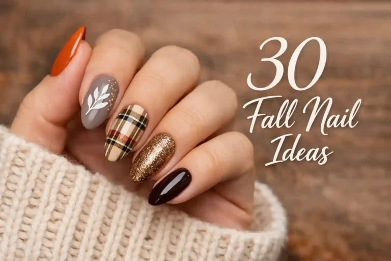 Stylish fall nail designs on hand with cozy sweater