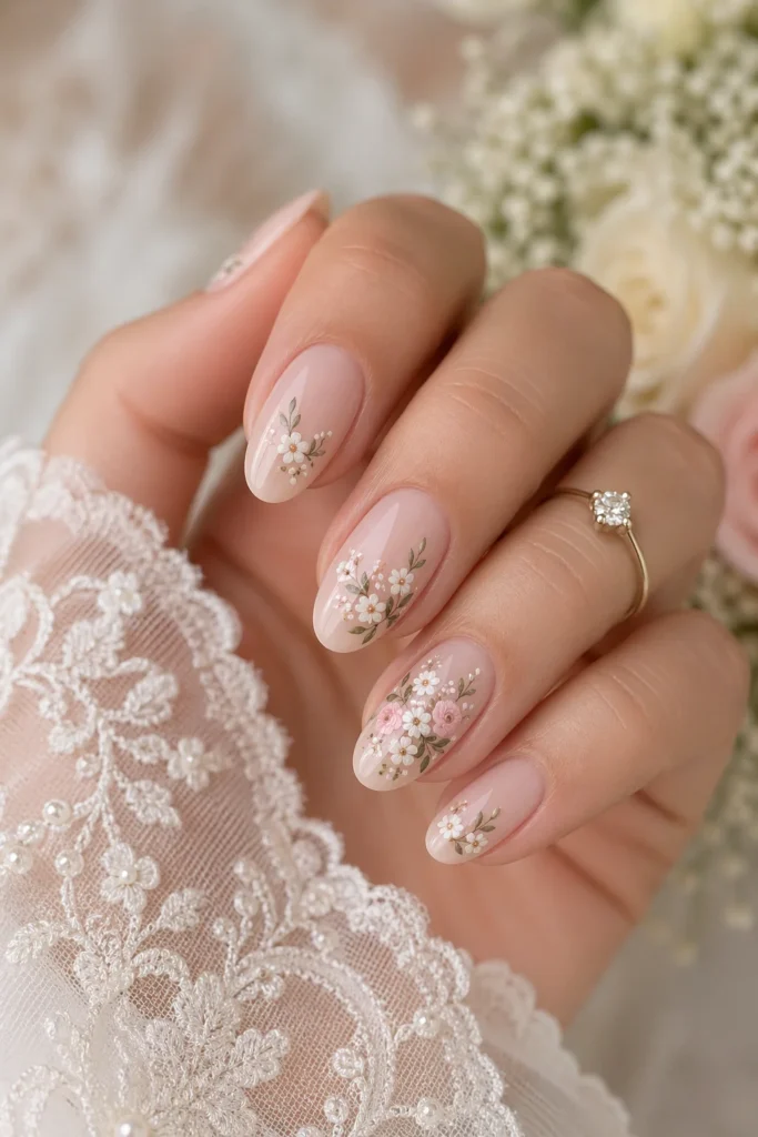 Tiny white floral nail art on soft nude bridal base