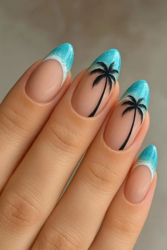 French tip beach nail ideas with tropical coastal summer twist