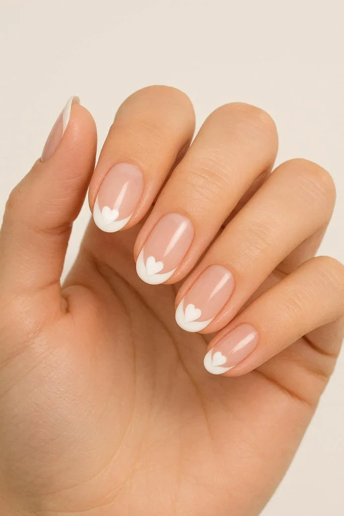 Cute French tip nail ideas with tiny heart accents at the tips