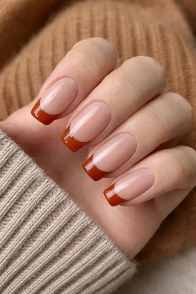 Fall French tip nails in terracotta shade