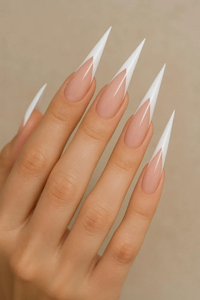 French tip stiletto nails with sharp elongated pointed tips