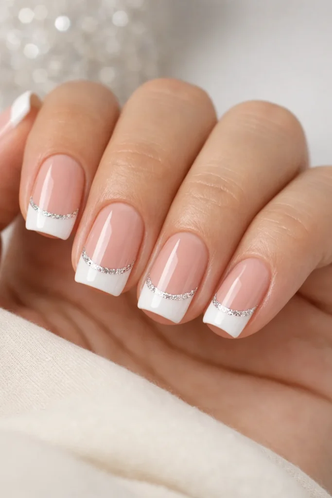 French tip prom nails with thin glitter line along smile line 