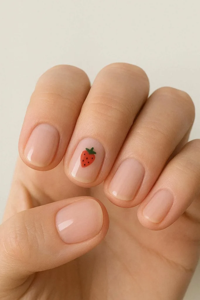 Short nails with a single cute strawberry or cherry fruit accent