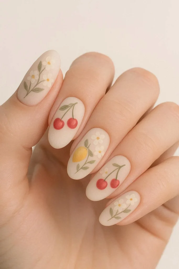 Romantic nail art combining cherries and blossoms with soft floral details