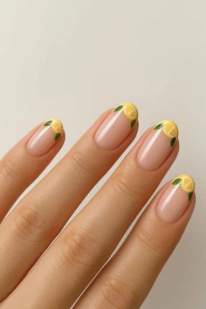 French tip nails decorated with tiny fruit designs along the tips