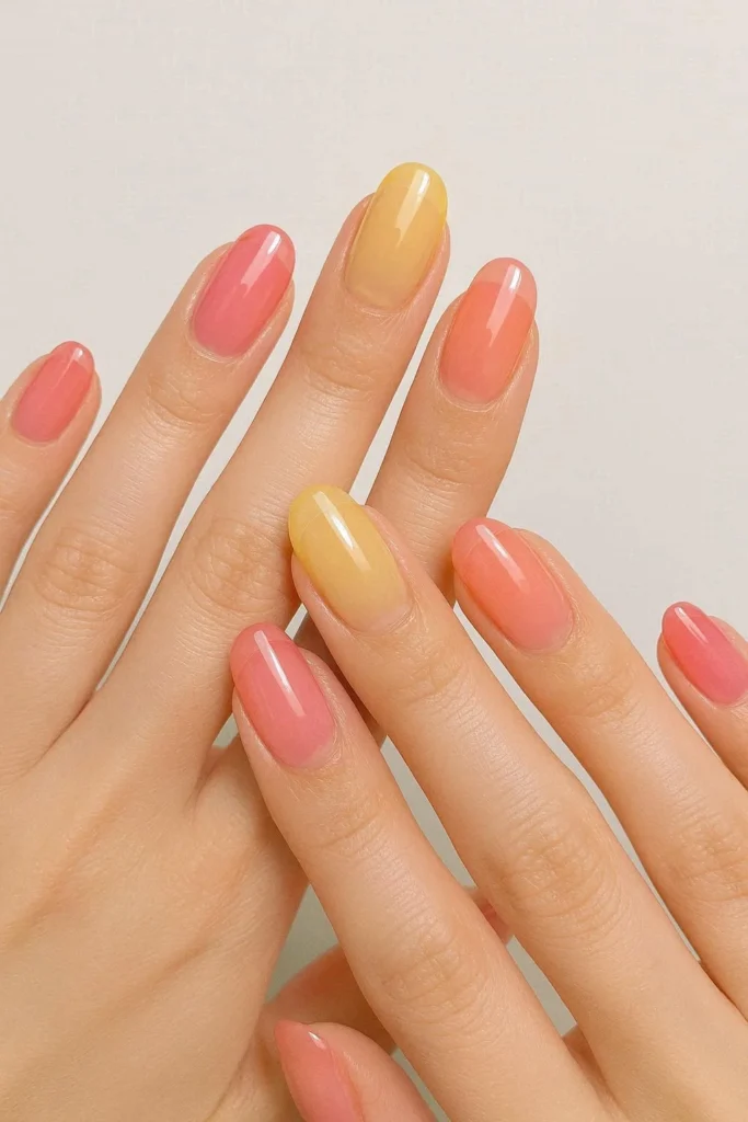 Sheer glossy jelly nails in watermelon pink lemon yellow peach tones