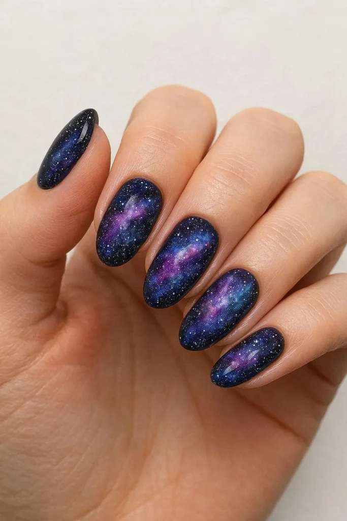 galaxy nails with deep blue purple cosmic design and glitter stars