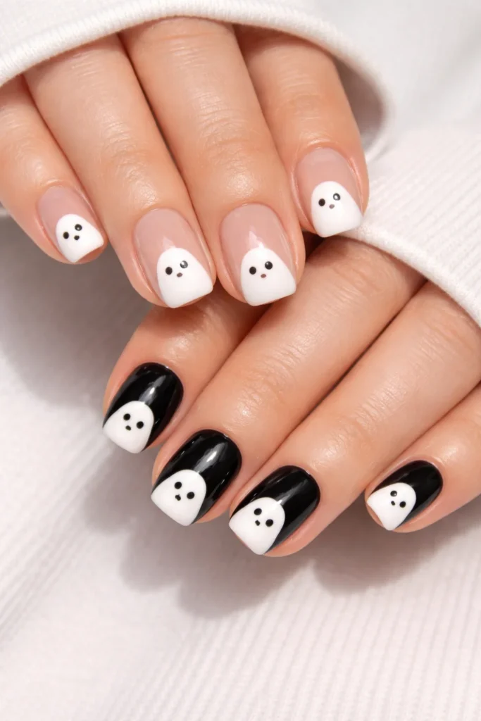 Cute ghost nail art on nude base for Halloween