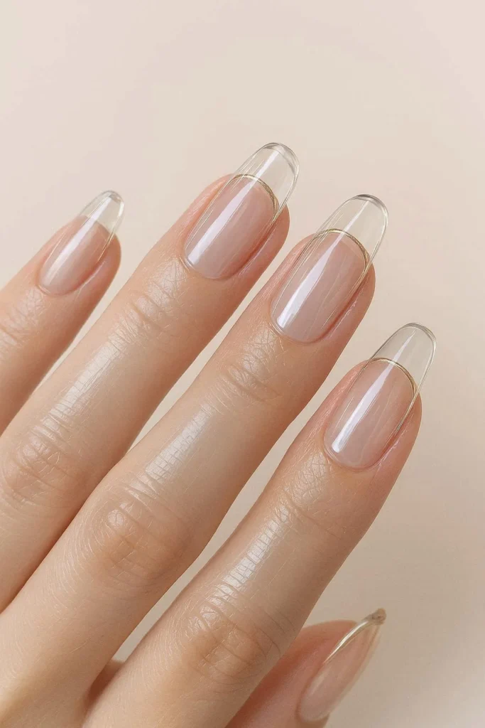glass effect nails with sheer transparent glossy finish and metallic lines