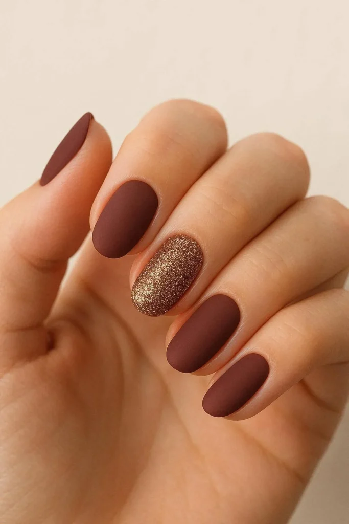 Subtle gold glitter accent nails on a matte fall base