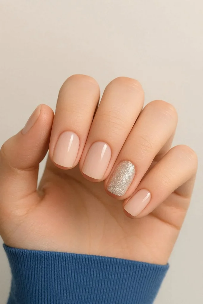 Glitter accent school nails with a single sparkle nail on a neutral base