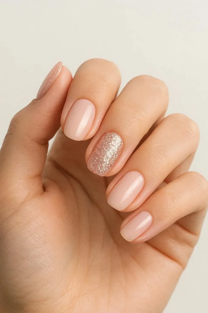 Simple cute nails with soft rose gold glitter accent on one finger 