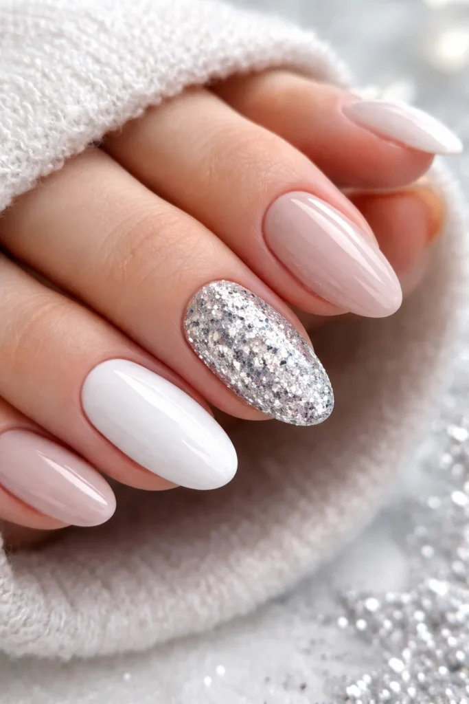 Neutral nails with silver glitter accent winter nail design 