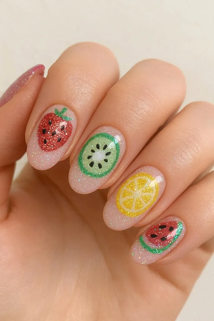 Fruit nail art with holographic glitter sparkle tips and accents