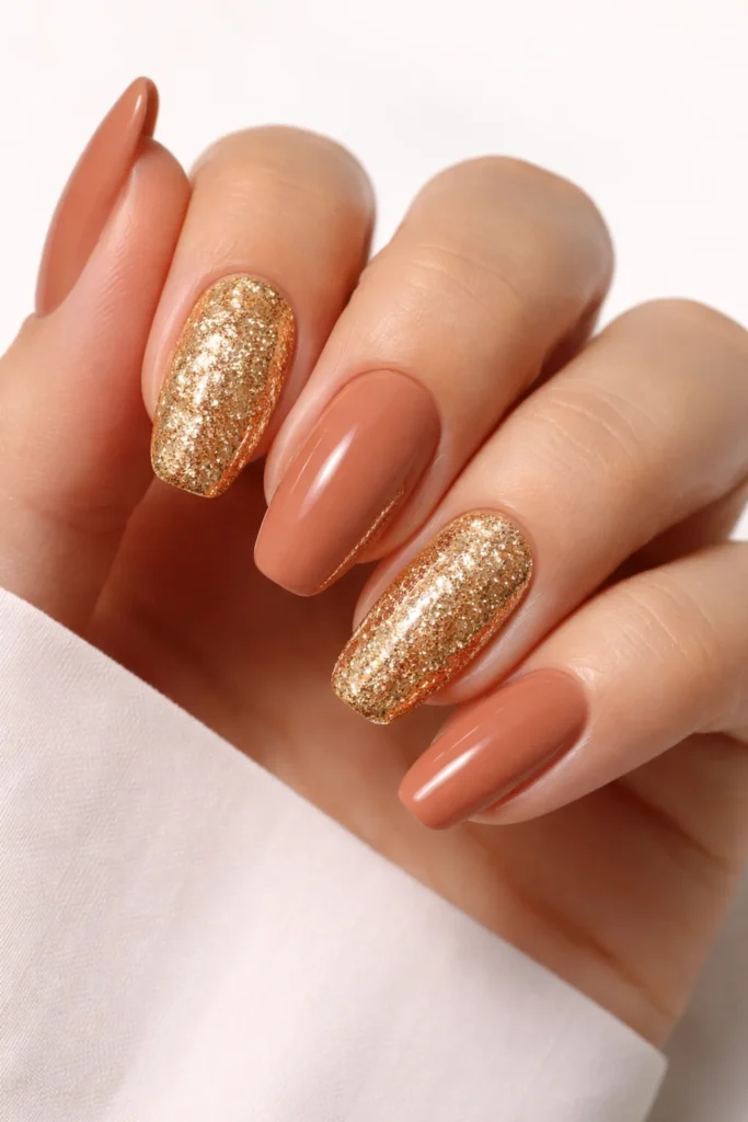 Glitter gold accent Leo nails with sparkle on warm amber base