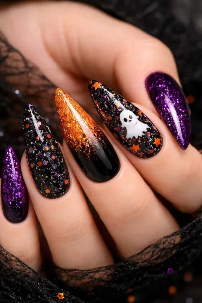  Black orange and purple glitter Halloween nails sparkle season