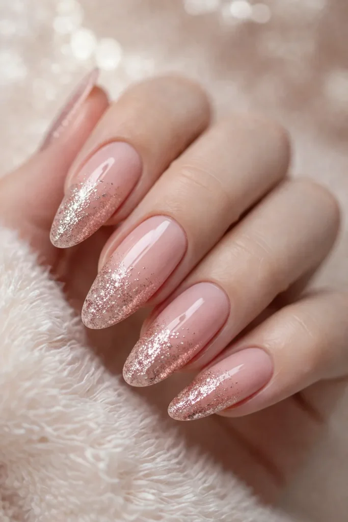 Glitter ombre prom nails fading from nude pink base to sparkling tips