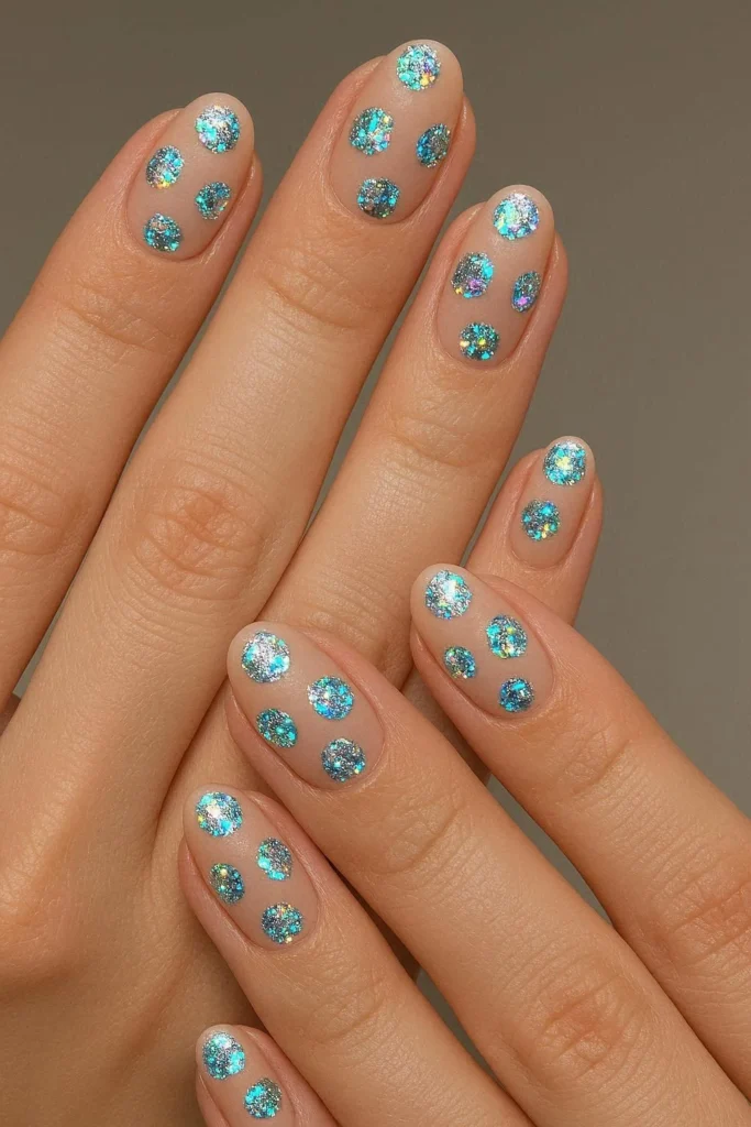 Sparkly glitter polka dot nails over matte or glossy base