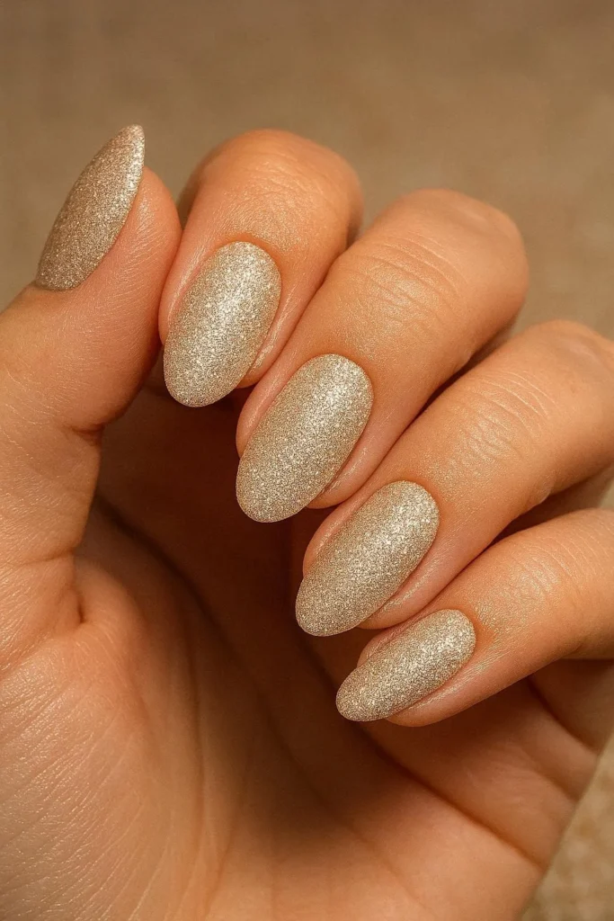 Glitter sand beach nail ideas with champagne sparkle texture finish
