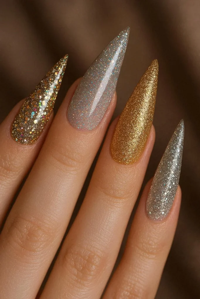 Glitter stiletto nails with sparkling holographic shimmer finish