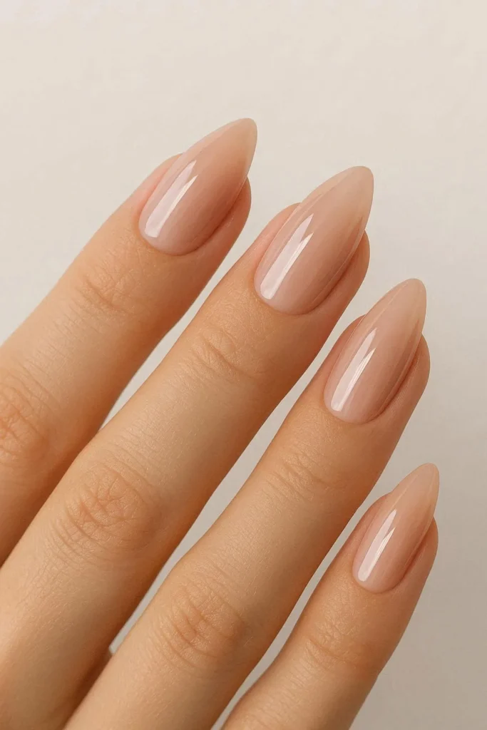 Elegant glossy nude almond shaped nails for everyday wear