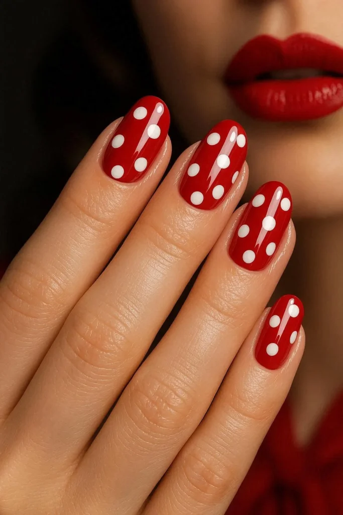 Glossy red nails with white polka dots retro pinup style