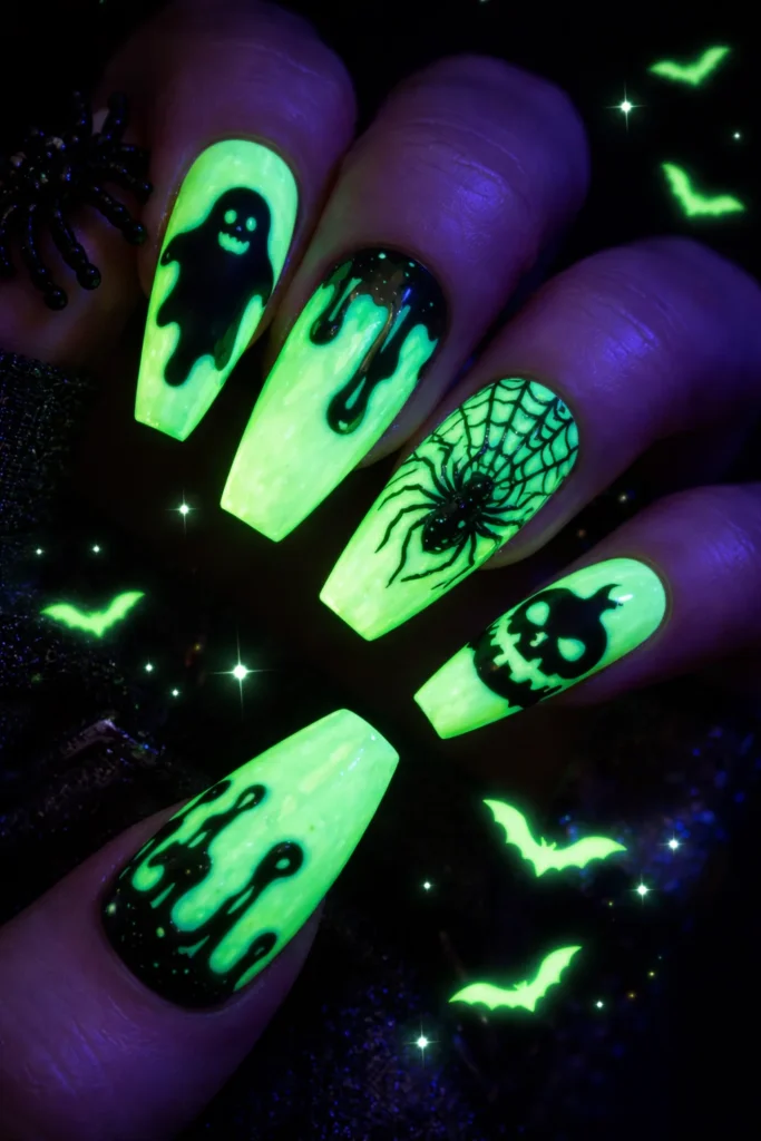  Glow in the dark Halloween nails under UV light