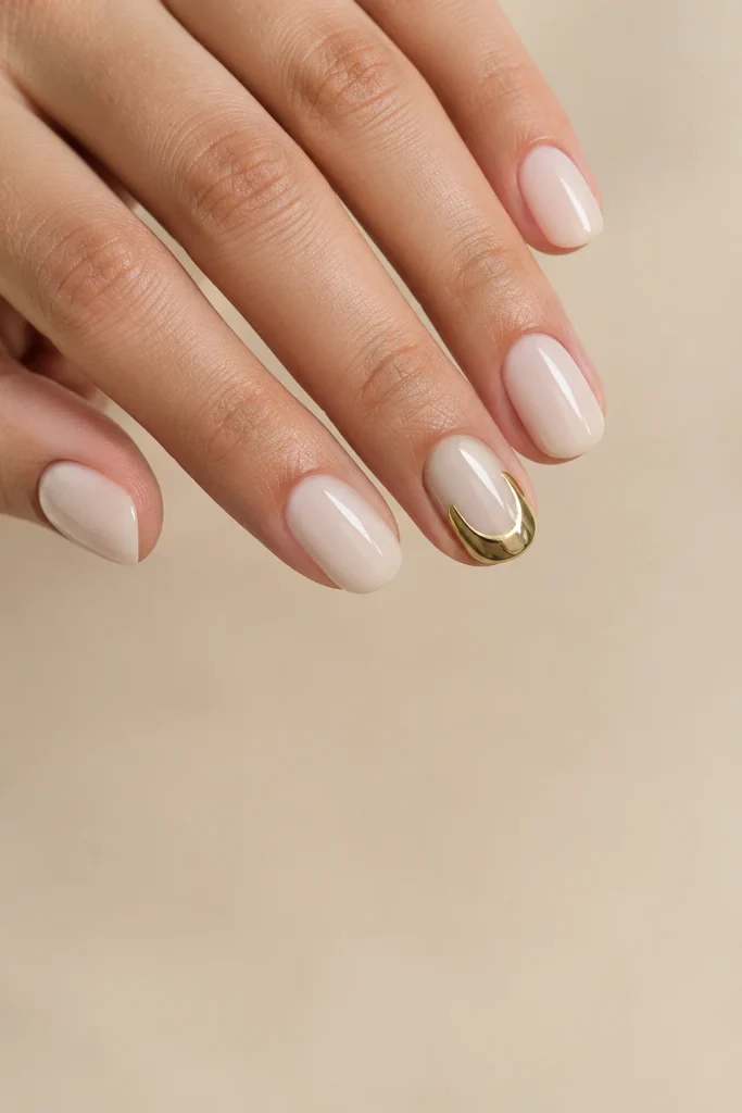 Beige nails featuring a small mirror gold horseshoe accent