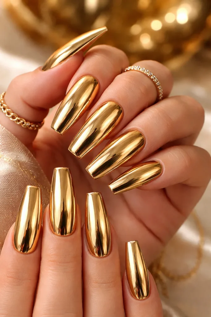 Gold chrome Leo nails with mirror finish and coffin shape
