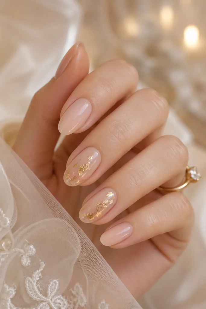  Nude bridal nails with subtle gold foil accent detail 