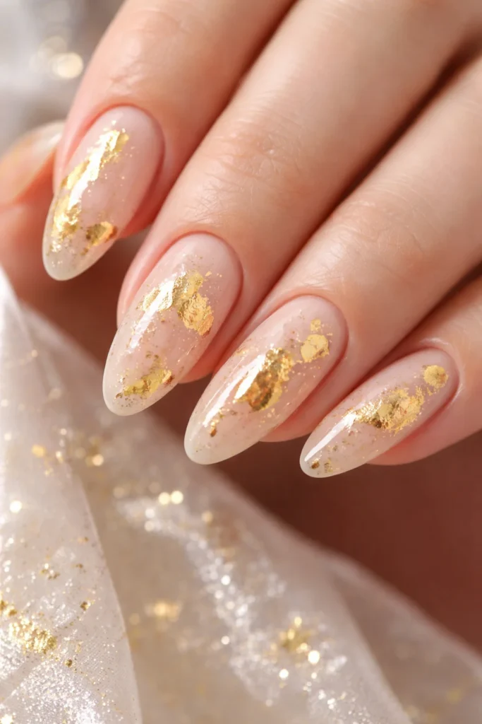 Gold foil accent prom nails on milky nude base with abstract design