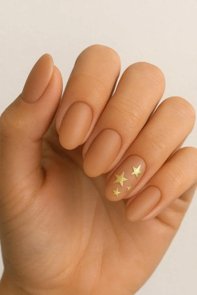 old star western nails with shimmering star accents on nude base 