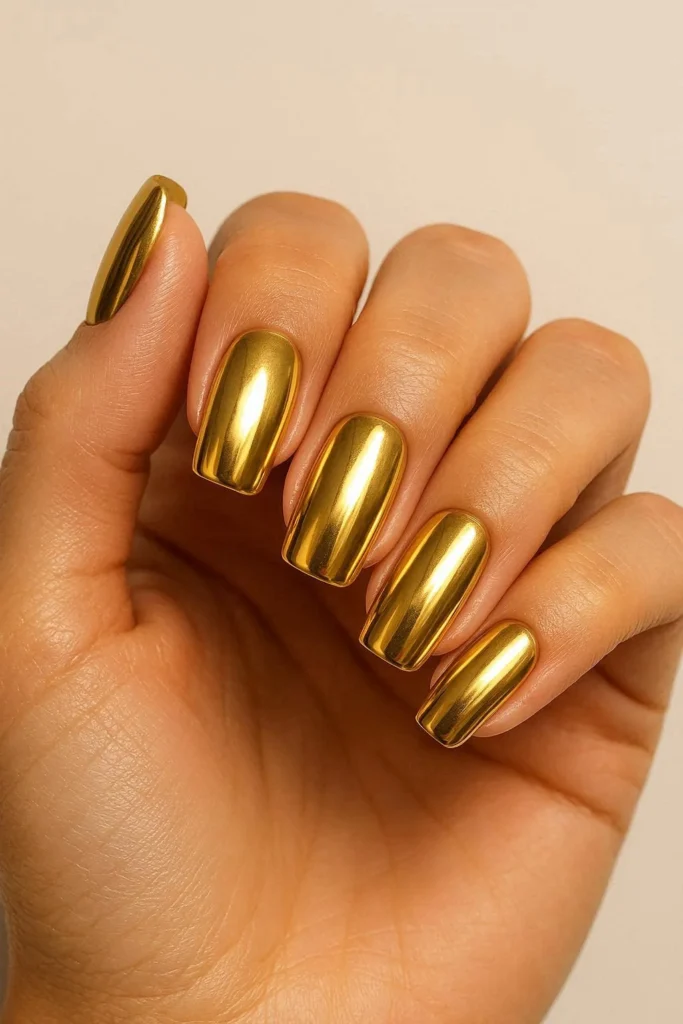 Warm golden chrome metallic nails for a late summer glow