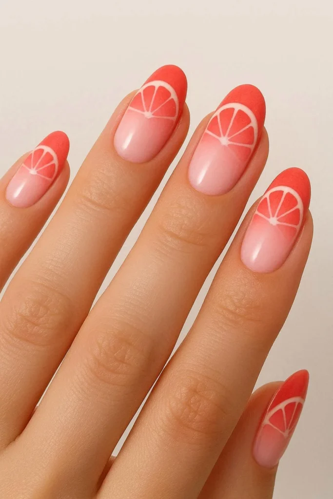 Blush pink and coral grapefruit slice gradient nail art design