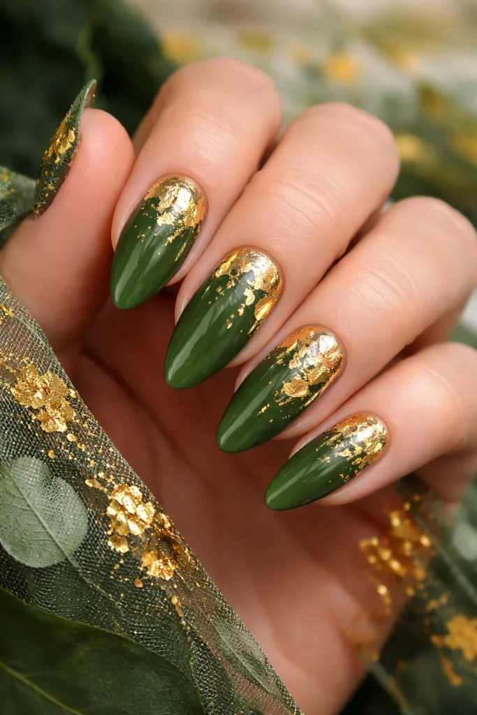 Green and gold leaf accent nails for September fall