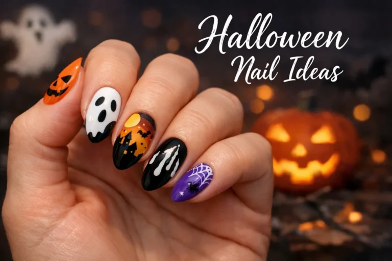 Halloween nail ideas with spooky and cute designs on a single hand featuring pumpkins, ghosts, spider web, and black nails
