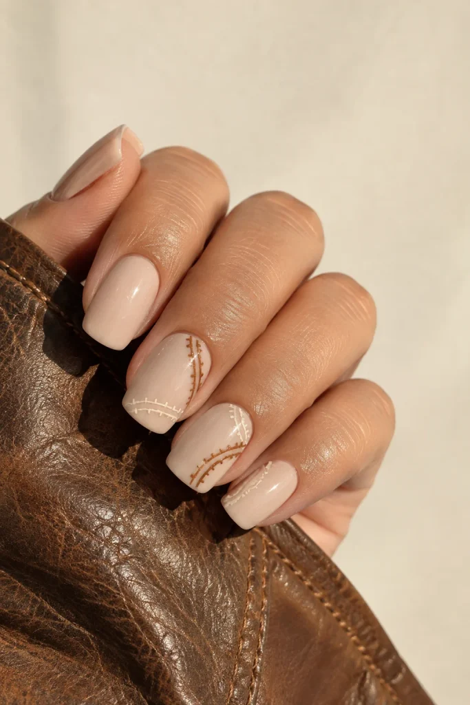 Sand-colored nails with hand-painted cognac and cream boot stitching