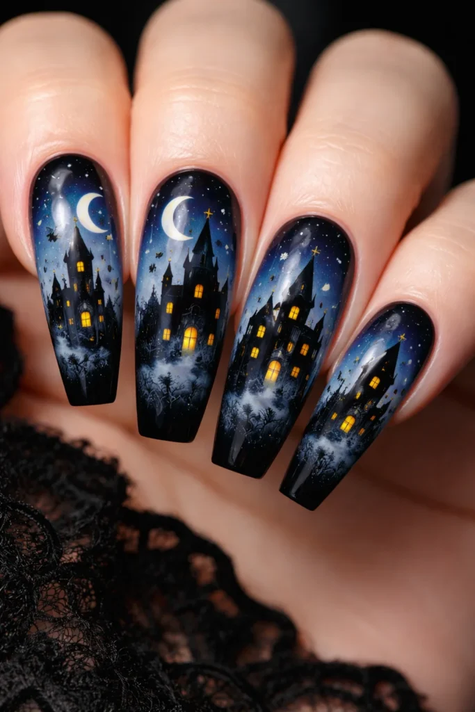 Haunted house silhouette nail art on black Halloween nails 