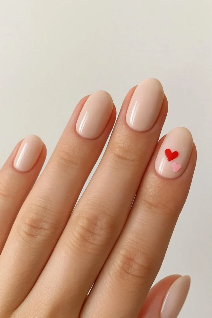 Heart accent school nails with tiny hearts on a soft neutral base 