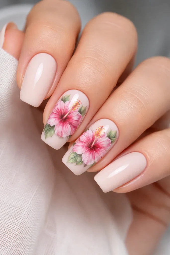 Hibiscus accent nails floral art on solid color manicure