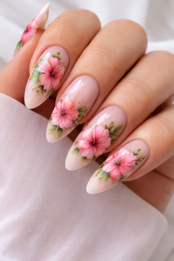 Hibiscus floral art on almond shaped nails blush nude