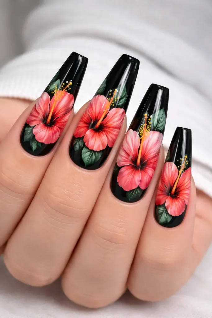 Hibiscus flower coffin nails bold tropical floral nail art