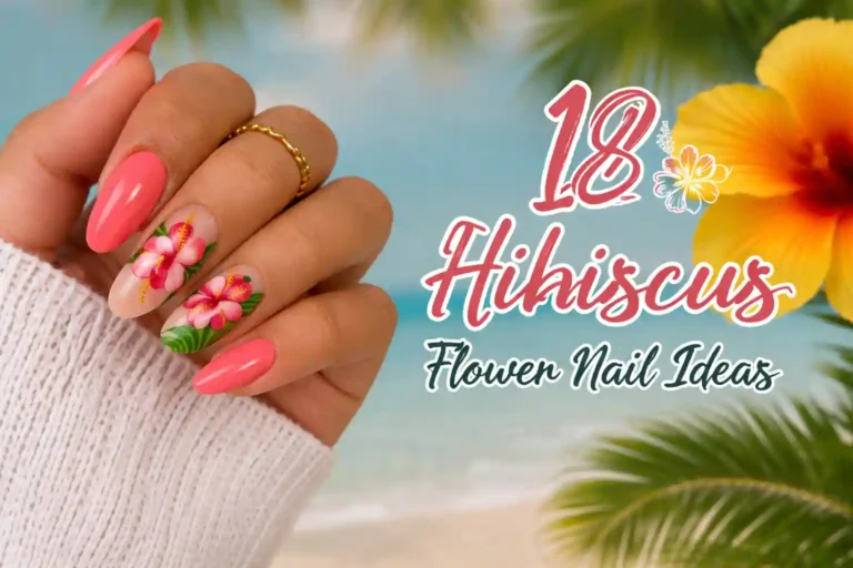 Tropical hibiscus flower nail art on glossy coral nails