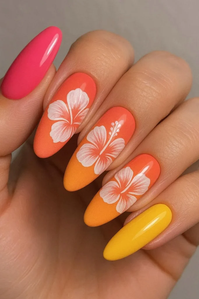 Hibiscus flower tropical nail ideas in hot pink coral and yellow