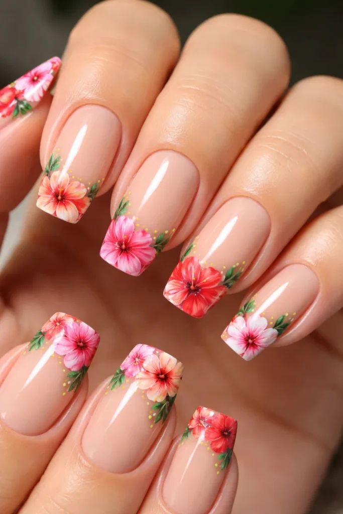  Hibiscus flower French tip nails nude base summer
