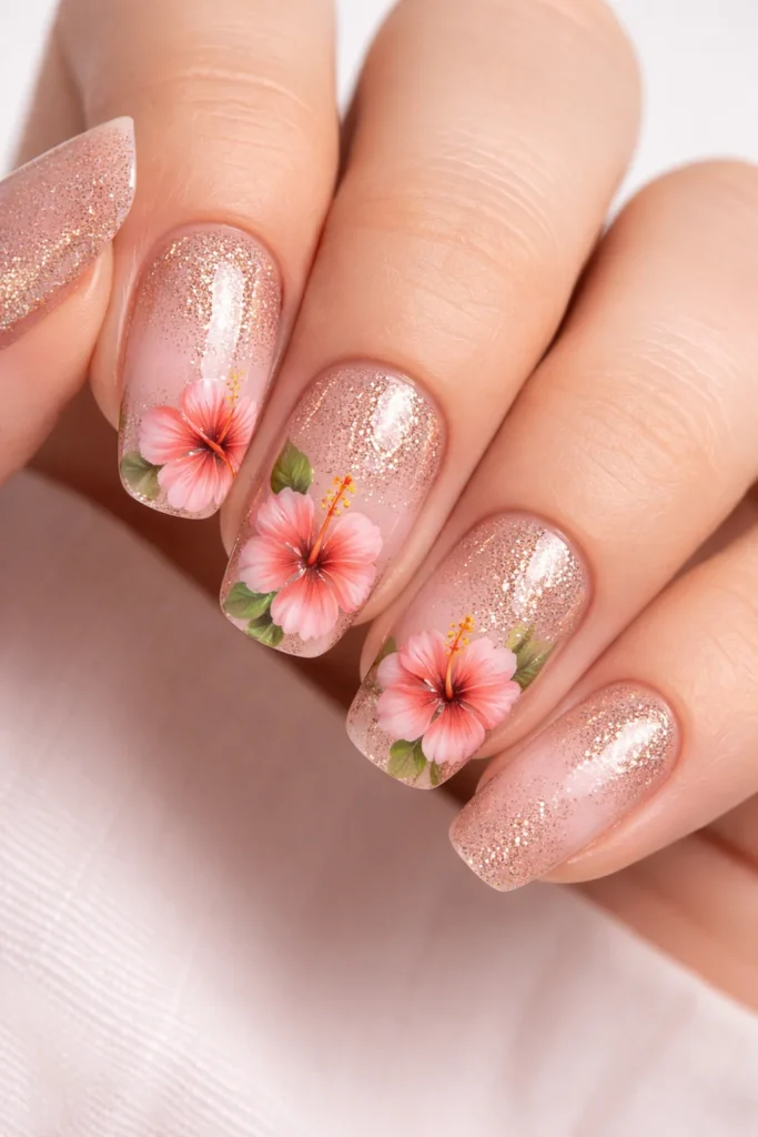 Hibiscus nails with glitter shimmer accent summer floral nail art 
