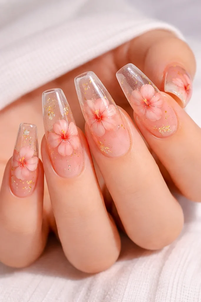 Hibiscus jelly nails sheer glossy base floating floral design