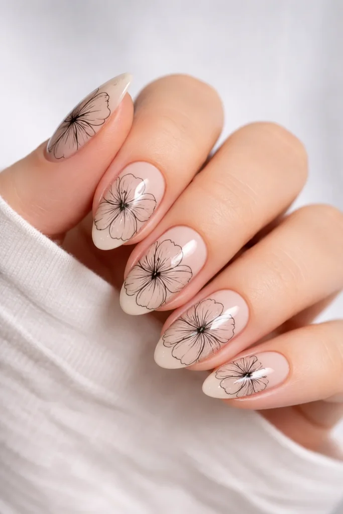 Hibiscus outline line art nails minimal nude base design